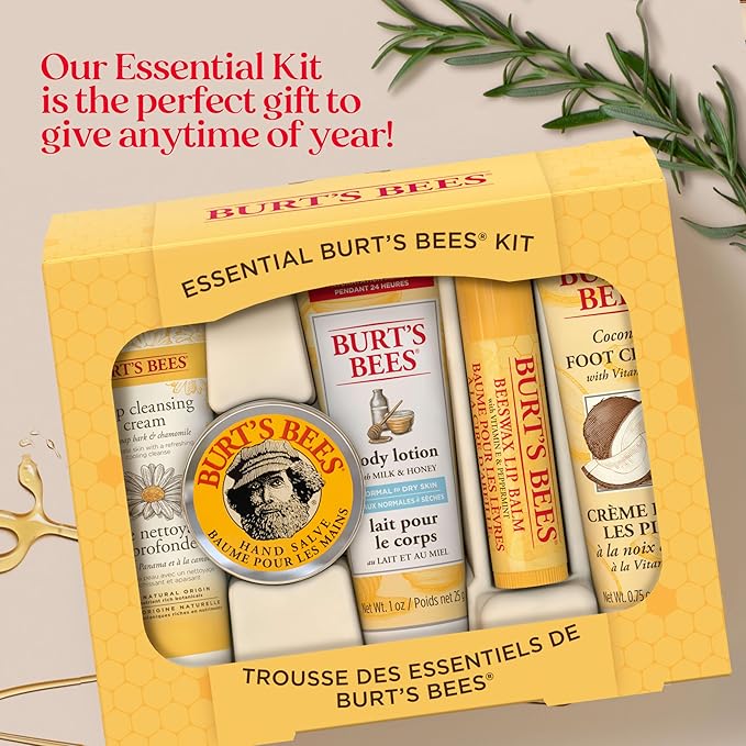 Burt's Bees Back to School Gifts Ideas, 5 Body Care College Dorm Products, Everyday Essentials Set - Original Beeswax Lip Balm, Deep Cleansing Cream, Hand Salve, Body Lotion & Foot Cream, Travel Size-VivaGrace Women