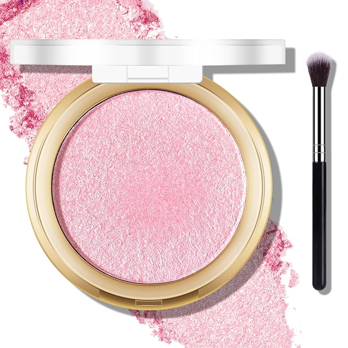 Baked Pink Highlighter Powder Palette, Makeup Highlighter Powder Palette Sheer Shimmering Finish Face Highlighters Makeup Iluminadores de Maquillaje #02 Mermaid Pink-VivaGrace Women