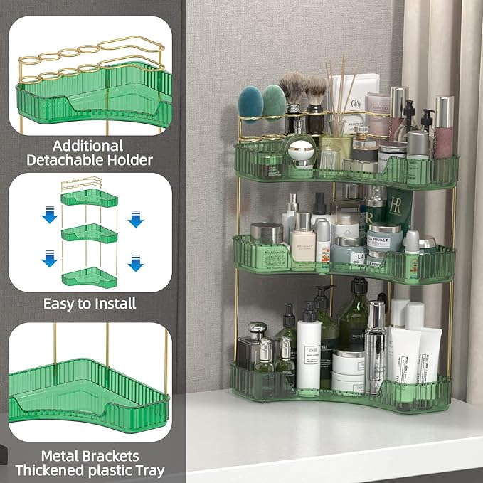 3 Tier Corner Bathroom Organizer Countertop, Vanity Makeup Organizer with Brush Holder, Space-Saving Skincare Storage Corner Shelf for Bathroom, Dressing Table, Kitchen-VivaGrace Women