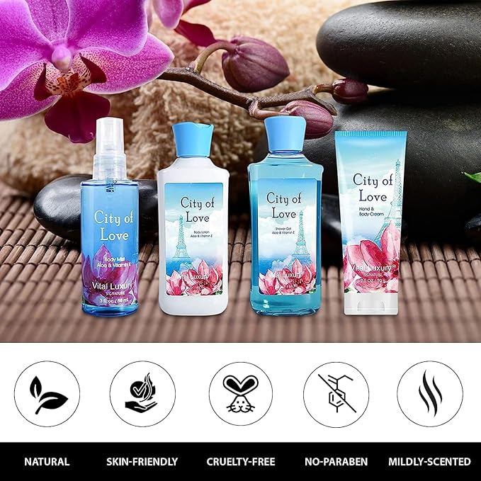 Bath & Body Kit - Body Lotion, Shower Gel, Body Cream, and Fragrance Mist, 3 Fl Oz each, in City of Love, Ideal Skincare Gift Home Spa Set for luxurious indulgence-VivaGrace Women