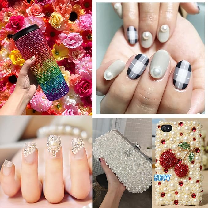 Flat Back Rhinestone+Half Round Pearl Kits Colorful Rhinestones+White&Beige Pearls With Quick Dry Makeup Glue+Picker Pencil+Tweezer For Nail Art And Face Make-up-VivaGrace Women
