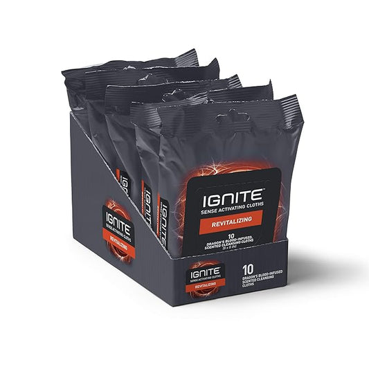 Ignite Mens Body Wet Wipes, Extra Thick 8" x 8" Shower Wipes, Revitalizing Scent, 10 Count (Pack of 5)
