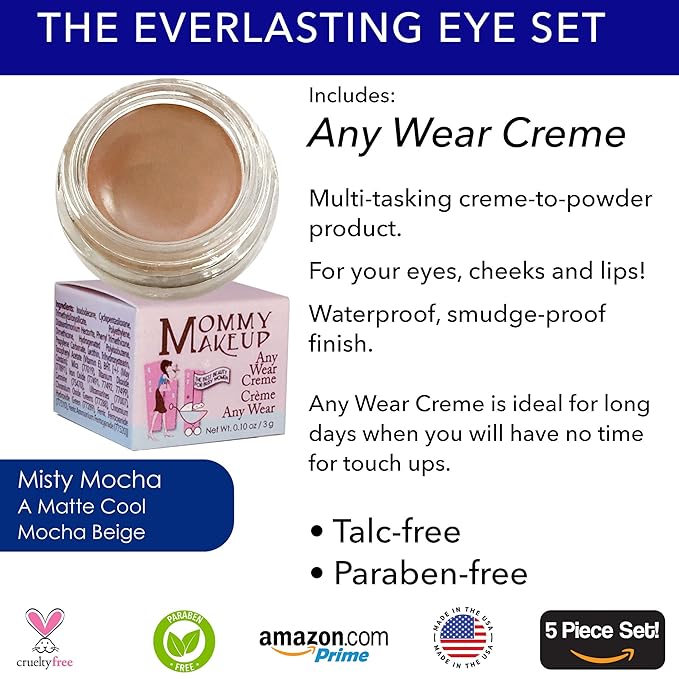 The Everlasting Eye 5 Piece Waterproof Makeup Set. Gel Eyeliner, Creme Eyeshadow, 2 brushes and Mesh Bag. Paraben-free, Talc-free, Cruelty-free. Misty Mocha/Black Beauty 1801-VivaGrace Women