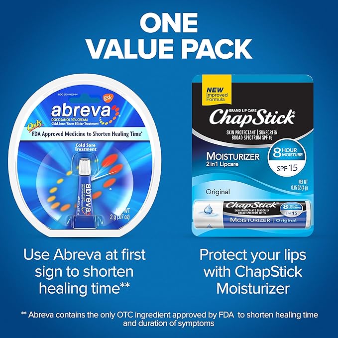 Abreva 10 Percent Docosanol Cold Sore Treatment, Fever Blister and Cold Sore Cream - 0.07 oz plus ChapStick Moisturizer Original Lip Balm - 0.15 oz Value Pack-VivaGrace Women