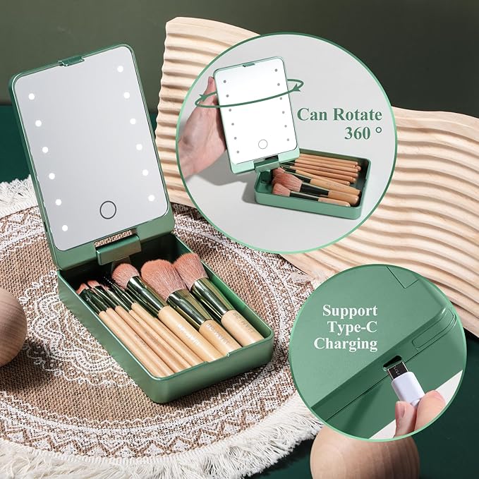 BS-MALL Travel Makeup Brush Set Foundation Powder Concealers Eye Shadows Makeup Set with LED light Mirror 14 Pcs (Green)-VivaGrace Women