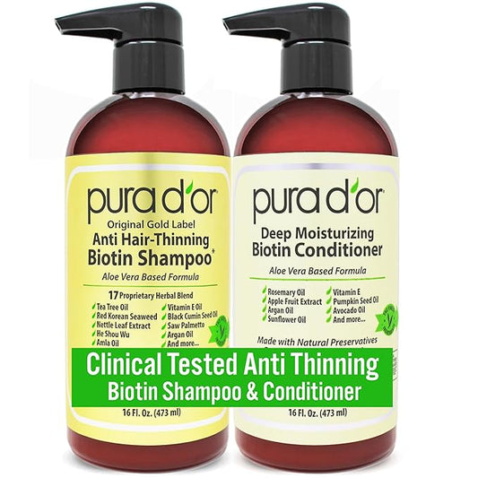 PURA D'OR Anti-Thinning Biotin Shampoo & Deep Moisturizing Conditioner Original Gold Label Set (16oz x2) Natural Earthy Scent, CLINICALLY TESTED Effective Results, Hair Thickening Product, Women & Men-VivaGrace Women