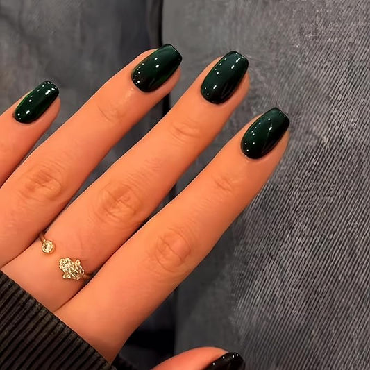 KQueenest Cat Eye Dark Green Press on Nails, Glitter Fake Nails Short Square, Sparkly Shiny False Nails With Design, Cute Bling Glue on Nails Short Coffin Stick on Nails for Women Daily Wear, 24 Pcs