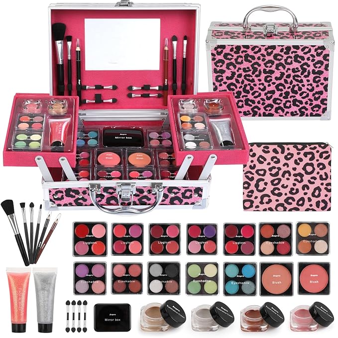 Anpro All-In-One Leopord Double Folding Makeup Carry Case with Pro Teen Makeup Set, Full Starter Kit with Makeup Brushes, Lipsticks, Eyeshadow Palette, Blushes, Glitter Gel, Ideal Present for Girls-VivaGrace Women