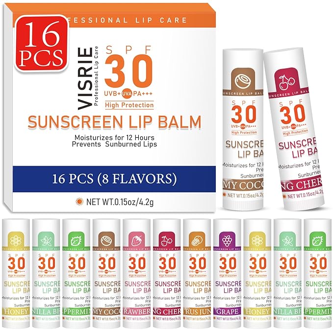 SPF 30 Lip Balm with Sunscreen, SPF Lip Balm Bulk Travel Size-16 Pack, Hydrating Lip Balm Pack with Vitamin E and Coconut Oil- 8 Flavors-VivaGrace Women