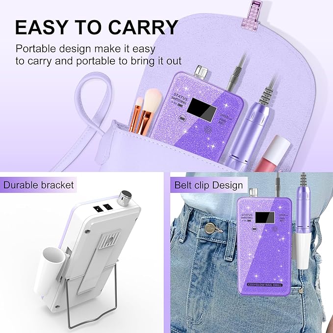 Professional Electric Nail Drill File:COSYGLOW Glitter Portable Cordless E-File Nail Drill Kit with 11 Drill Bits,30000 RPM Rechargeable Nail Drills Machine for Acrylic Nails Gel Polishing(Purple)-VivaGrace Women