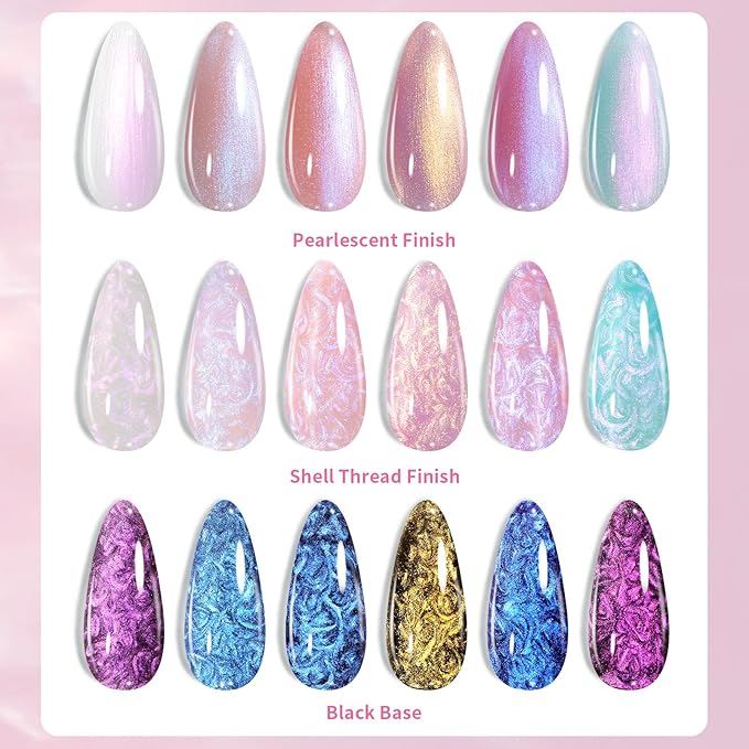 Born Pretty Pearl Gel Nail Polish Aurora Iridescent Glitter Shimmer Mermaid Pearl Gel Polish Drawing Gel Nail Polish Shell Swirl Thread Effect Nail Gel Soak Off Led Summer DIY Gift 6PCS-VivaGrace Women