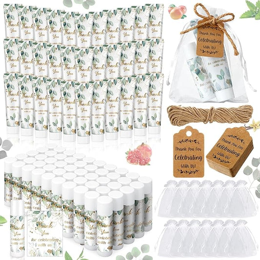 200 Pcs Baby Shower Wedding Party Favors Gift Set, 50 Pcs Baby Shower Hand Cream and 50 Lip Balm for Wedding Bridesmaid Guests Gift Supplies with 50 Organza Bag 50 Thank You Tag(Eucalyptus)-VivaGrace Women