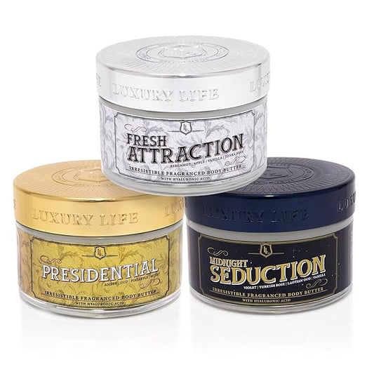 LUXURY LIFE BUTTER - Irresistibly Scented Body Butter with Hyaluronic Acid for Ultimate Moisture. Hydrates for a Non-Greasy Glamorous Glow (Presidential, Fresh Attraction, Midnight Seduction 5 oz)-VivaGrace Women