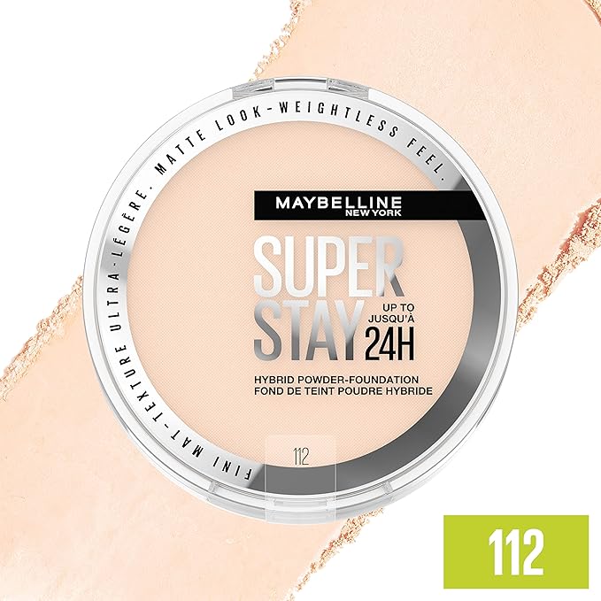 Maybelline Super Stay Up to 24HR Hybrid Powder-Foundation, Medium-to-Full Coverage Makeup, Matte Finish, 112, 1 Count-VivaGrace Women