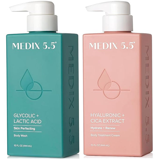 Medix 5.5 Exfoliating AHA Glycolic Acid Face & Body Scrub Cleanser + Hyaluronic Acid Moisturizing Body Cream Lotion Skin Care 2PC Set | Alpha Hydroxy Acid & Lactic Acid Foaming Body Wash & Face Wash-VivaGrace Women
