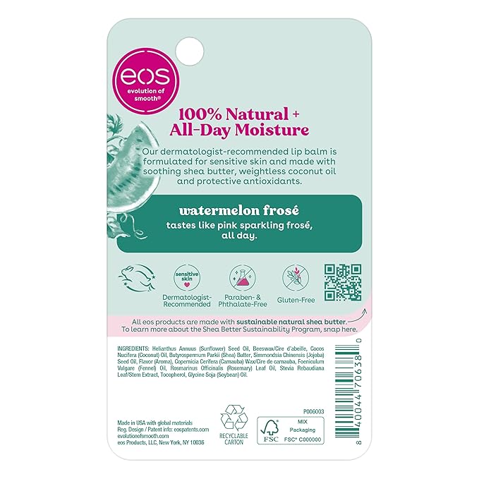 eos 100% Natural Lip Balm- Watermelon Frosé, Dermatologist Recommended for Sensitive Skin, All-Day Moisture Lip Care, 0.14 oz-VivaGrace Women