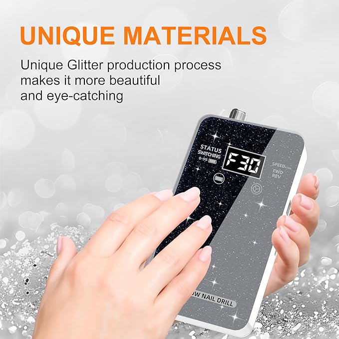 Professional Electric Nail Drill File:COSYGLOW Glitter Portable Cordless E-File Nail Drill Kit with 11 Drill Bits,30000 RPM Rechargeable Nail Drills Machine for Acrylic Nails Gel Polishing(Black)-VivaGrace Women