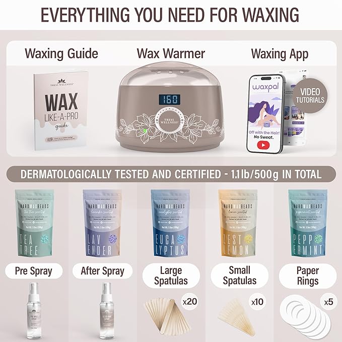 Tress Wellness Waxing Kit for Sensitive Skin – Safe for Face & Skin, Prep & Aftercare Spray, Easy to Use – At-Home Kit for Face, Bikini, Brazilian & Full Body - Digital Display, Dusty Chocolate-VivaGrace Women