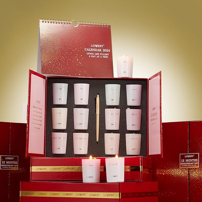 Womens Gifts, Candle Gifts for Women with 2024 Wall Calendar, 12 Unique Scented Aromatherapy Soy Candles & Gold Pen, 12 Month Advent Calendar, Home Candle Birthday Gift Set for Women & Men-VivaGrace Women