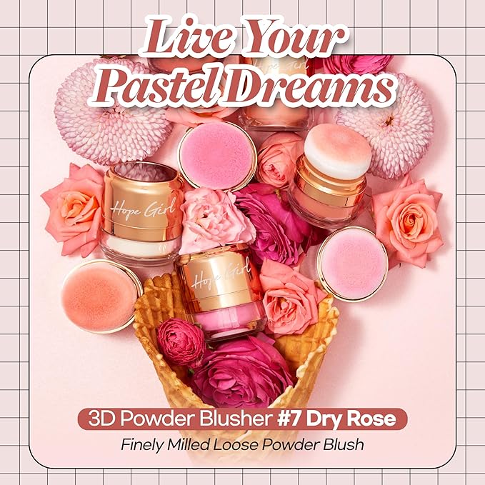 Hope Girl 3D Powder Blusher 0.17oz | Skin-Loving Korean Mini Blush for Cheeks and Eye Makeup w/Allantoin | K Beauty Cool Toned Vibrant Sunkissed Fine Powder Makeup Blush Cosmetics (#07 Dry Rose)-VivaGrace Women