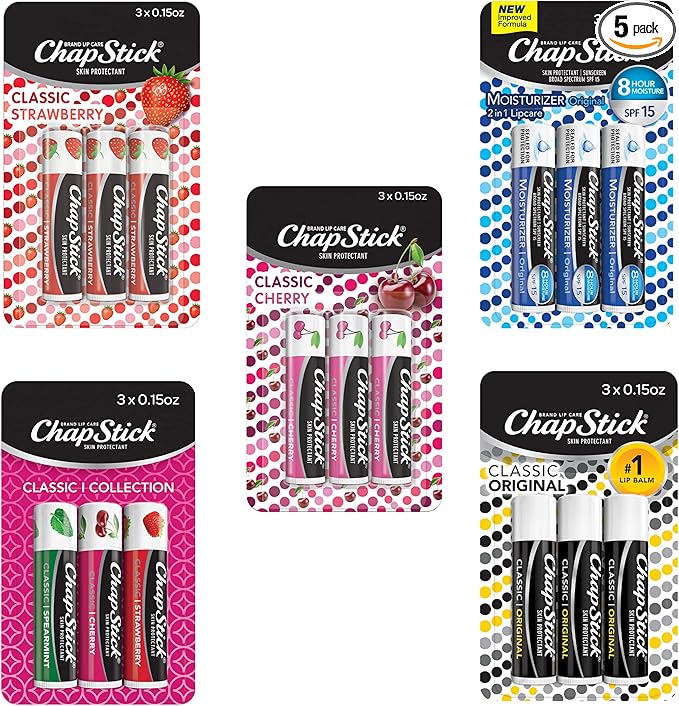 ChapStick Classic Collection Flavored Lip Balm Tubes Pack, Lip Moisturizer - 0.15 Oz (Box of 5 Packs of 3)-VivaGrace Women