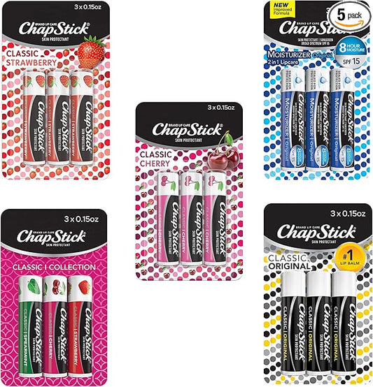 ChapStick Classic Collection Flavored Lip Balm Tubes Pack, Lip Moisturizer - 0.15 Oz (Box of 5 Packs of 3)-VivaGrace Women