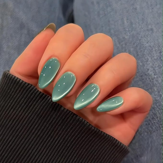 KQueenest Cat Eye Teal Blue Green Press on Nails Almond Shape, 30 Pcs Glitter Fake Nails Medium, Thick Sparkly Glass Nails Press on, Shiny Acrylic Nails, Cute Bling Stick on Nails for Women