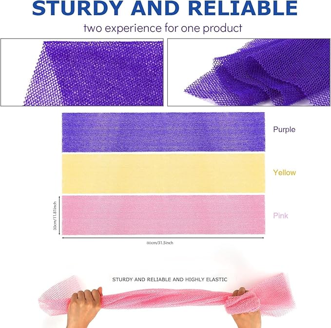 UJFQBH 3 Pieces African Bath Sponge African Net Long Net Bath Sponge Exfoliating Shower Body Scrubber Back Scrubber Skin Smoother,Great for Daily Use (Pink,Yellow,Purple)-VivaGrace Women