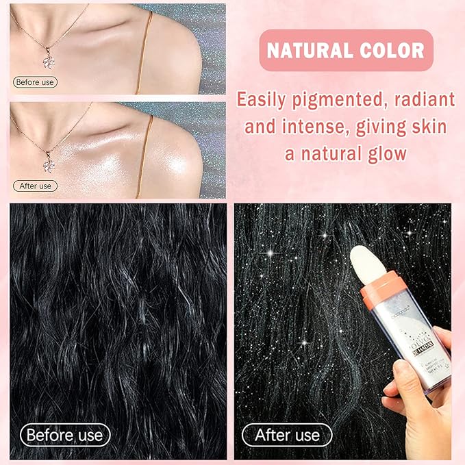 Polvo De Hadas Highlighter Powder Stick Body Shimmer Glitter Makeup, High Gloss Sparkle Highlight Powder for Face Eyes Lips Hair Body Cosmetic Tiktok Makeup - White Moonbeam-VivaGrace Women