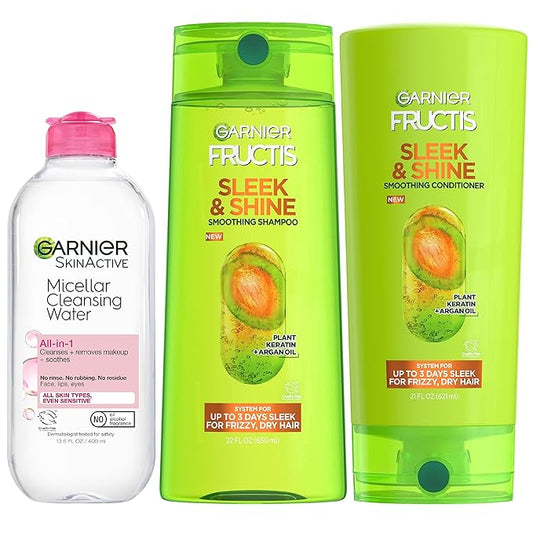 Garnier Back to School Bundle|Micellar Water (400mL) + Fructis Sleek & Shine Shampoo (22 Fl Oz), Conditioner (21 Fl Oz) (3 Items), 1 Kit (Packaging May Vary)-VivaGrace Women