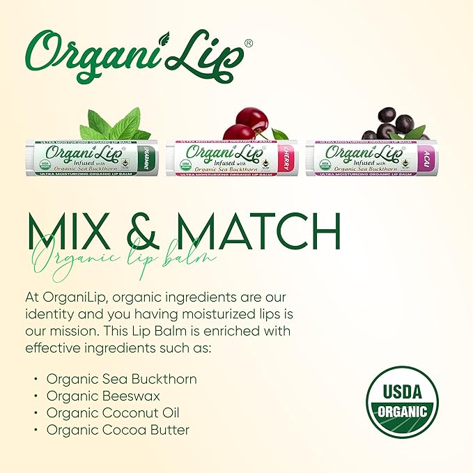 OrganiLip Organic Lip Balm, Variety3 Pack (Spearmint, Cherry, Acai), Ultra Hydrating Lip Moisturizer for Dry Lips, USDA Certified Organic,-VivaGrace Women