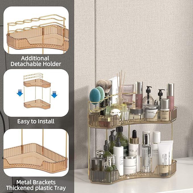 Corner Bathroom Counter Organizer with Top Toothbrush Holders, 2-Tier Make Up Organizers for Vanity with Brush Holder, Corner Storage for Bathroom, Kitchen, Dresser-VivaGrace Women