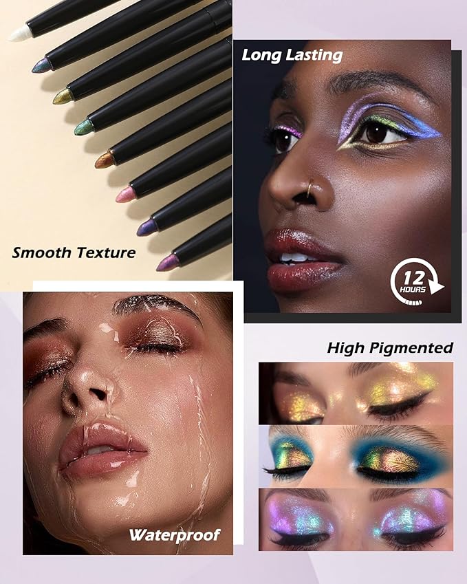 Colored Glitter Eyeliner Pencil, Chameleon Matte Metallic Eyeliner Pen Eyeshadow, Pink Shimmer Retractable Eyeliner Waterproof Smudge-proof, Highlighter Gel Eye Liner with Sharpener Gift for Women-02