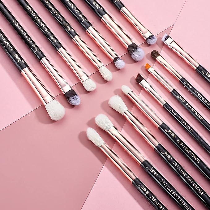 Jessup 15Pcs Professional Makeup Brushes Set Make up Brush Tools kit Eye Liner Shader Wood Handle Natural-synthetic Hair Brushes Pearl Black/Rose Gold T157-VivaGrace Women
