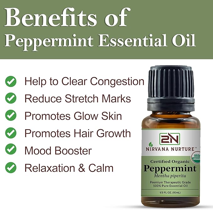 Peppermint Essential Oil USDA Certified Organic 100% Pure Premium Therapeutic Grade, Undiluted - Aromatherapy Diffuser for Calm and Relaxation, Skin Care, Hair Care-VivaGrace Women