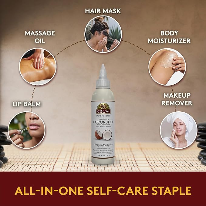 Okay 100% Pure Coconut Oil for Hair & Skin - Coconut Oil for Women & Men, Perfect for Body & Face, for Massage & Moisturizer, Natural - 6 Fl Oz Squeeze Bottle (Pack of 1)-VivaGrace Women