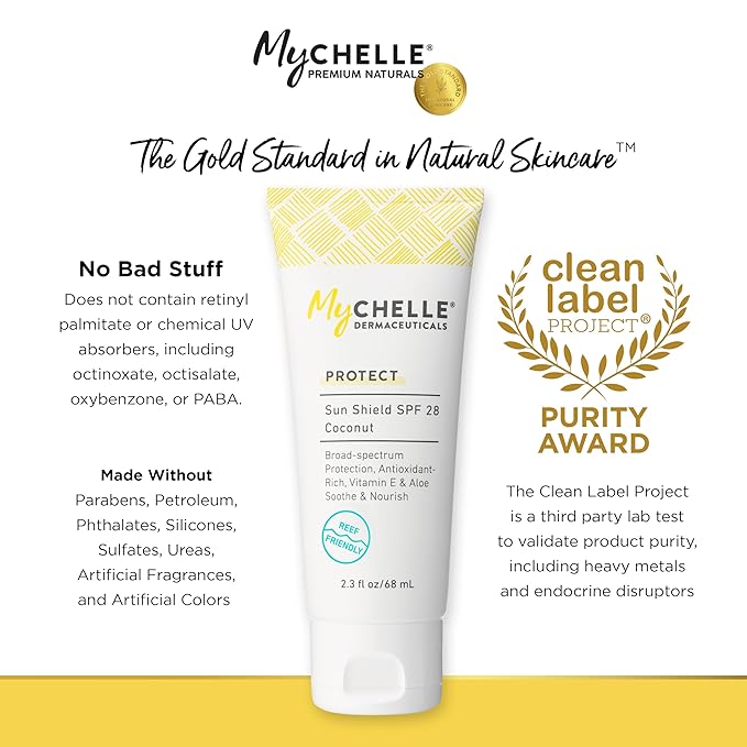 MyCHELLE Dermaceuticals Sun Shield SPF 28 Coconut (2.3 Fl Oz) - Soothing Reef Safe Sunscreen with Vitamin E and Aloe - Travel Size Zinc Sunscreen for Face and Body-VivaGrace Women