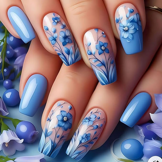 Blue Press on Nails Medium Square Fake Nails Floral False Nails for Women Glossy Acrylic Nails Spring Glue on Nails Blue Flower Stick on Nails Fake Nails Manicure Kit 24Pcs