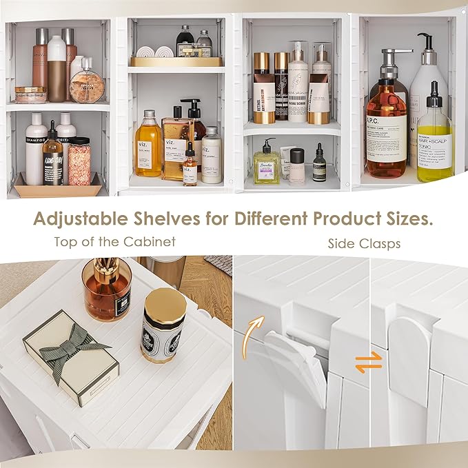 VECELO 4-Tier Plastic Tall Narrow Storage Cabinet with Movable Wheels, Adjustable Shelves, Magnetic Doors, Slim Bathroom Organizers and Storage for Small Space, Bathroom, Kitchen, Laundry, White-VivaGrace Women