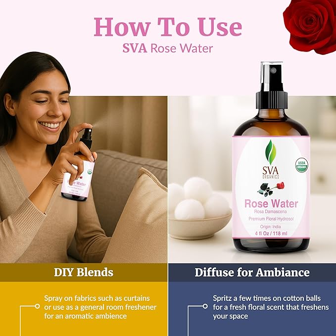 SVA ORGANICS Rose Water 4oz (118 ml) Refreshing Rose Water Spray for Skin Care, Skin Hydration, Bath, Soaps, Haircare & Aromatherapy-VivaGrace Women