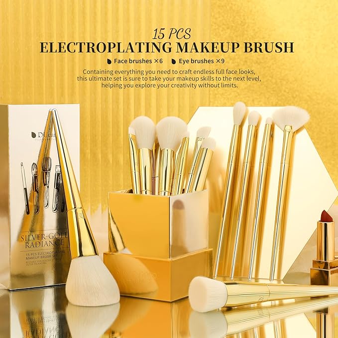 DUcare Makeup Brushes 15Pcs Makeup Brush Set with Holder Premium Synthetic Powder Foundation Contour Blush Concealer Eye Shadow Blending Liner Make Up Brush Kit gold-silver-VivaGrace Women