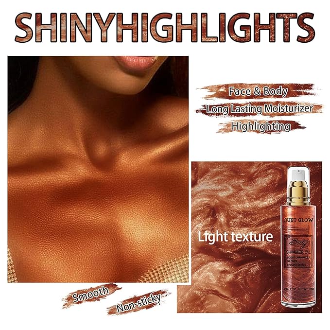 Shimmer Body Oil, Face and Body Liquid Luminizer Waterproof Moisturizing, Light Shimmer Glow Illuminator, Smooth Body Highlighter Makeup Liquid Body Shimmer (3# Bronze Gold)-VivaGrace Women
