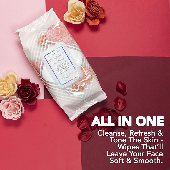 Makeup Remover Wipes Bulk Pack- Collagen and Rosehip Facial Cleansing Wipes, Single Pack