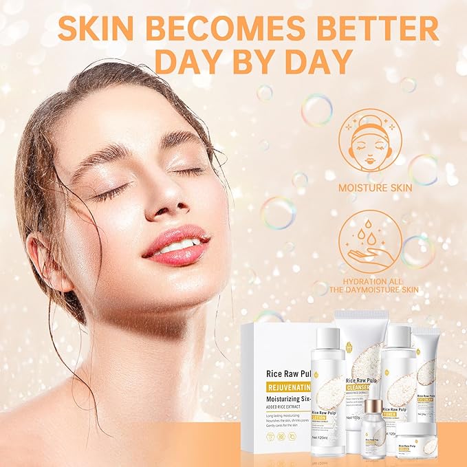 Rice Deep Nourishing Facial Care Set, 6Pcs Face Care Set for Women, Skin Care Set Includes Facial Cleanser, Toner, Lotion, Essence, Cream and Eye Cream.-VivaGrace Women