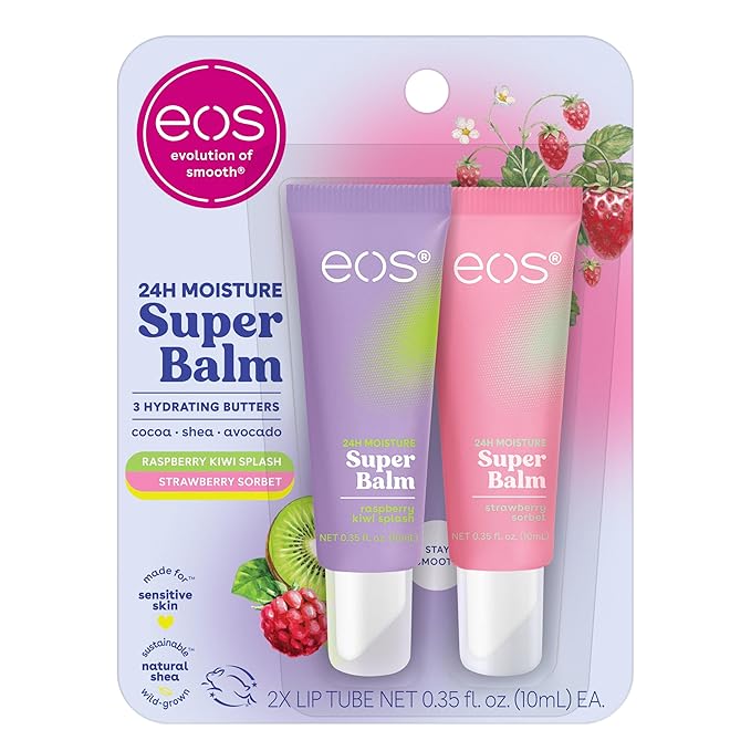 eos 24H Moisture Super Balm- Raspberry Kiwi Splash & Strawberry Sorbet, Lip Mask, Day or Night Lip Treatment, Made for Sensitive Skin, 0.35 fl oz, 2-Pack-VivaGrace Women