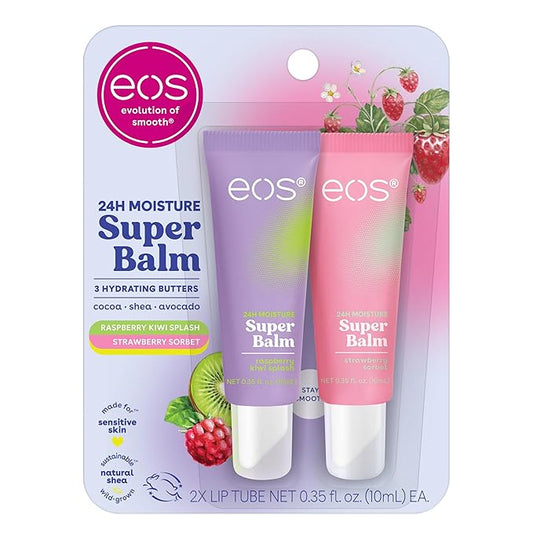 eos 24H Moisture Super Balm- Raspberry Kiwi Splash & Strawberry Sorbet, Lip Mask, Day or Night Lip Treatment, Made for Sensitive Skin, 0.35 fl oz, 2-Pack-VivaGrace Women
