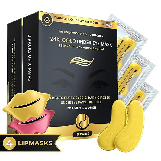 32 Pairs 24K Gold Under Eye Patches with 4 pieces of Lip Mask, Anti-Aging Eye Mask, Under Eye Mask Dark Circles and Puffiness, Wrinkles Patches with Hydrogel, Collagen Eye Pad-VivaGrace Women