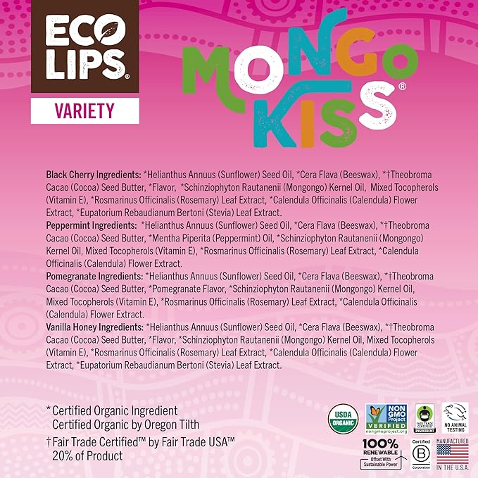 Eco Lips Mongo Kiss Organic Lip Balm 4 Pack Peppermint, Pomegranate, Vanilla Honey, Black Cherry - 100 Percent USDA Organic - Soothe, Moisturize Dry, Cracked and Chapped Lips - Made in USA-VivaGrace Women