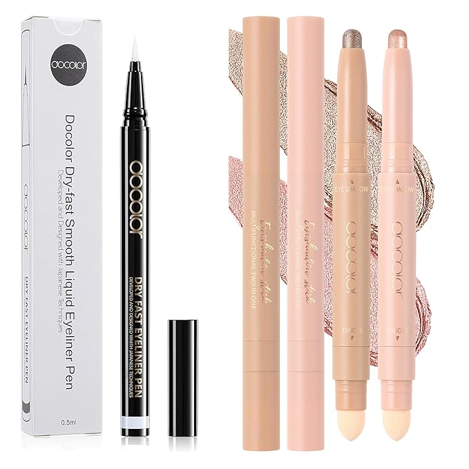 docolor White Waterproof Eyeliner Pen Longwearing with Ultra-Fine Tip Liquid Eye Liner and 2Pcs Eyeshadow Stick Cream Eye Shadow Stick Brightener Eyeshadow Pencil Crayon Highlighter Eye Shadow Stick