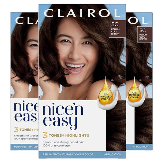 Clairol Nice'n Easy Permanent Hair Dye, 5C Medium Cool Brown Hair Color, Pack of 3-VivaGrace Women